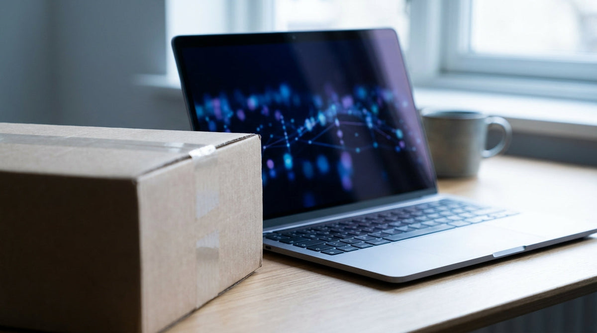 A parcel beside a laptop showing an abstract data view, representing making a delivery promise machine-readable for shopping agents.
