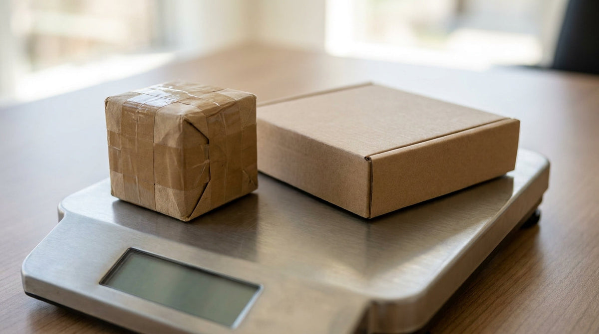 A small dense parcel beside a flat box on a scale, representing choosing a shipping service for light, dense parcels.