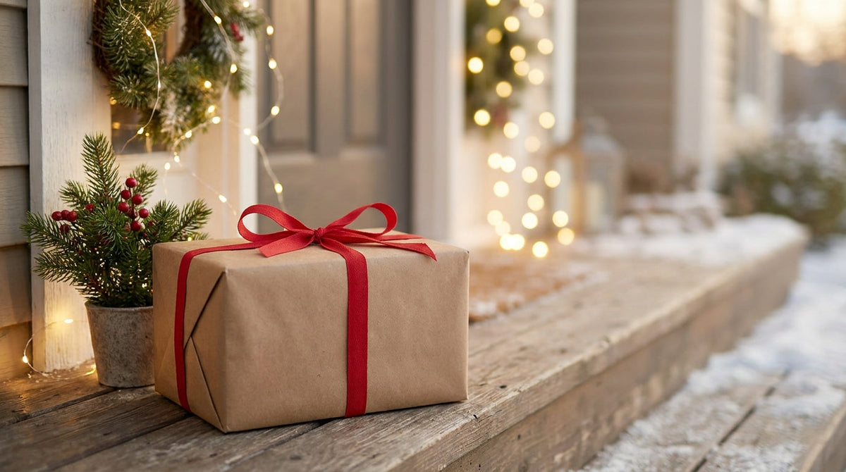 A gift-wrapped parcel on a festive doorstep in December, representing a free shipping day and a Christmas Eve delivery promise.