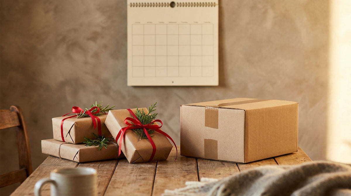 Holiday gift parcels beside a wall calendar and a shipping box, representing building a Christmas ship-by promise backward from a cutoff date.
