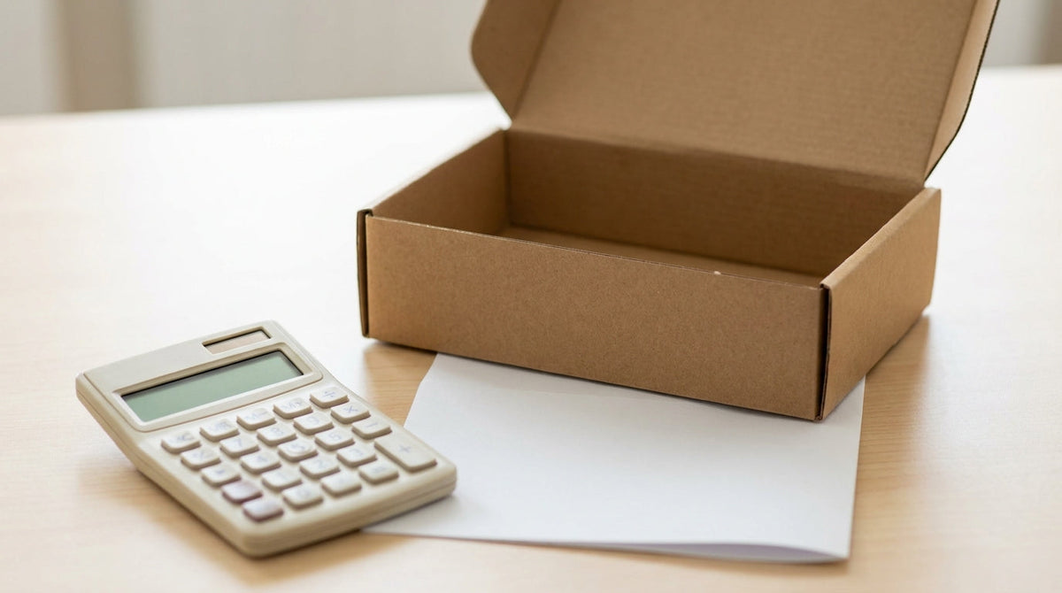 An open return mailer beside a calculator and blank paperwork, representing new tax rules on return shipping fees.