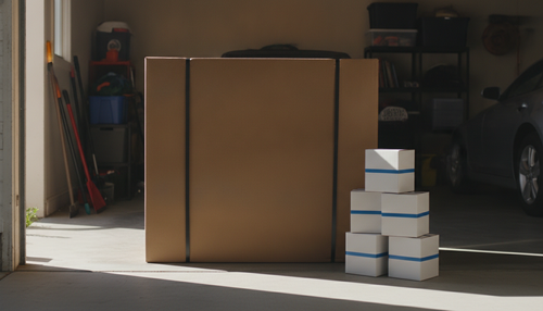 Large fitness equipment crate beside small supplement boxes, representing shipping guarantee tiers for Shopify merchants