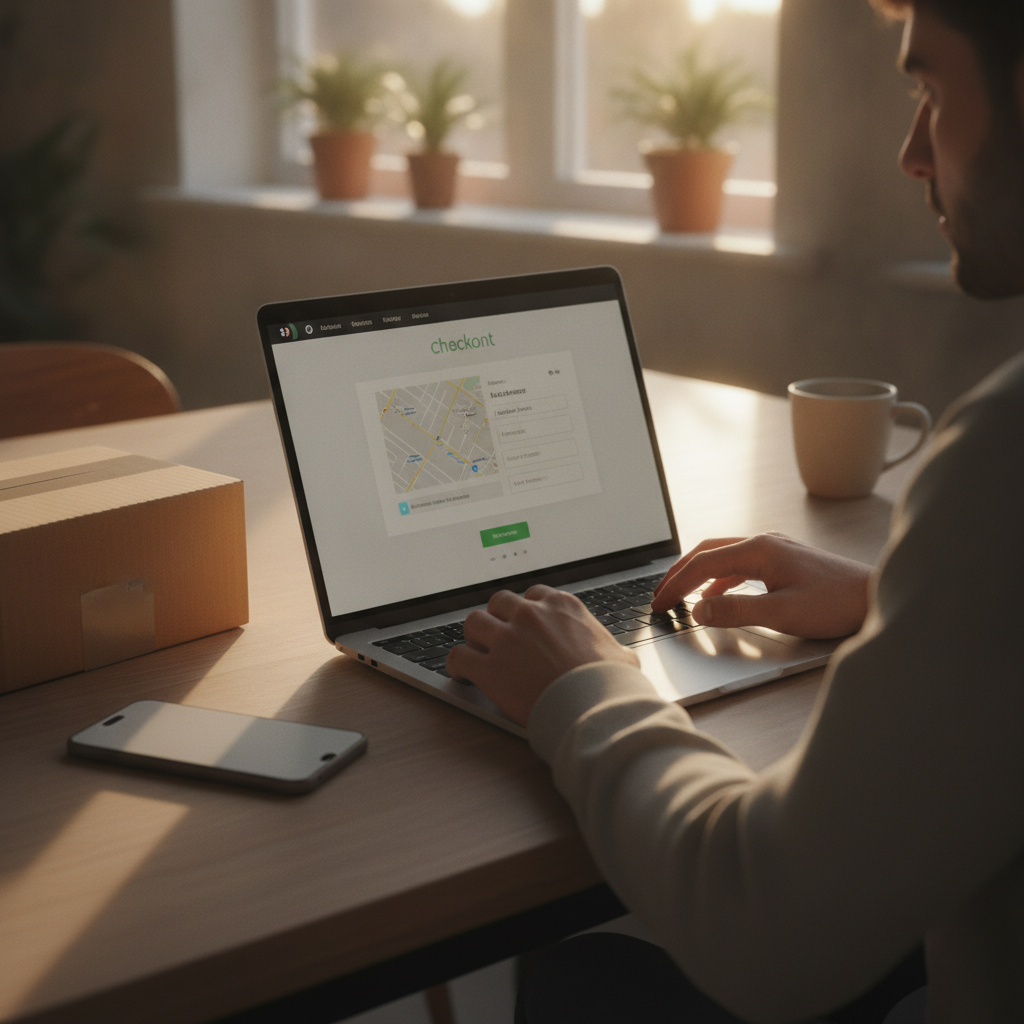 Customer editing a delivery address on a laptop before shipment, representing post-purchase order editing for Shopify merchants