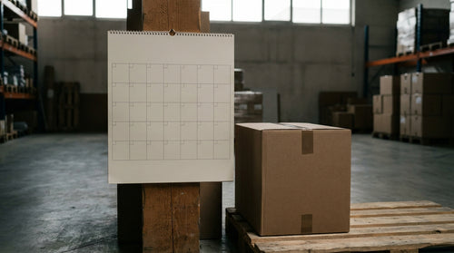 A blank wall calendar beside a shipping box in a quiet warehouse, representing a no-delivery calendar of carrier holidays for setting honest promises.
