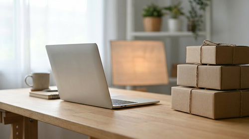 A laptop at a checkout desk beside several parcels of different speeds, representing how many shipping options a checkout should show.