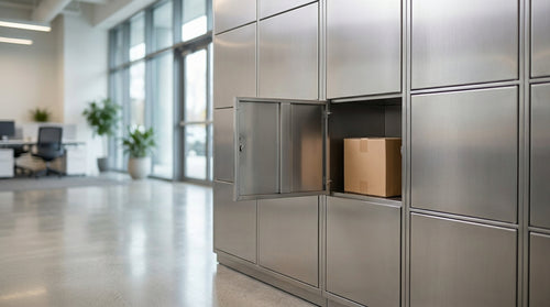 A grid of parcel lockers with an open compartment holding a plain box, representing locker and pickup point delivery at checkout.