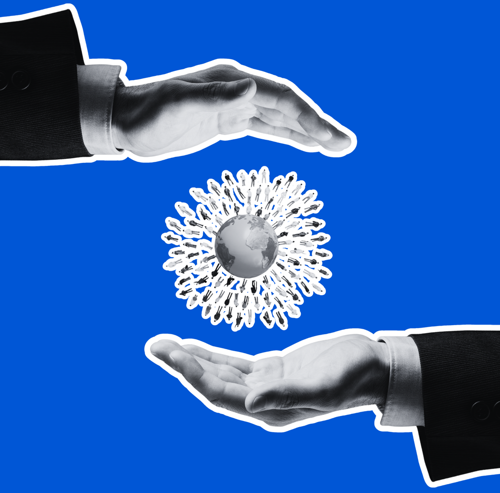 Two hands in suits holding a decorative silver object against a blue background